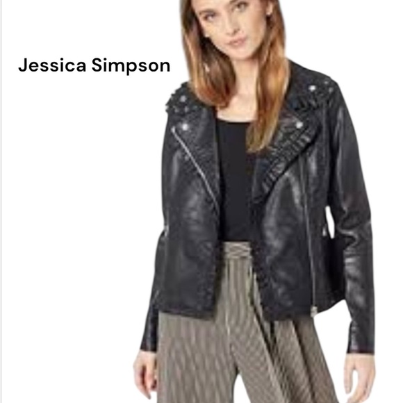 NWT Jessica Simpson Ruffled Black Faux Moto Leather Jacket Size Small - Picture 1 of 16
